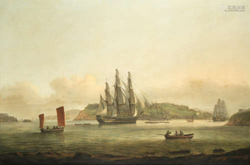 A third rate of the Royal Navy preceded by a first rate entering the Hamoaze, Plymouth Thomas Luny(British, 1759-1837)