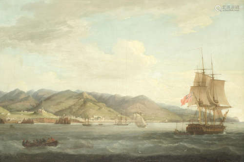 A British Frigate off Funchal, Madeira, with Fort Loo visible off the coast Attributed to Nicholas Pocock(British, 1740-1821)