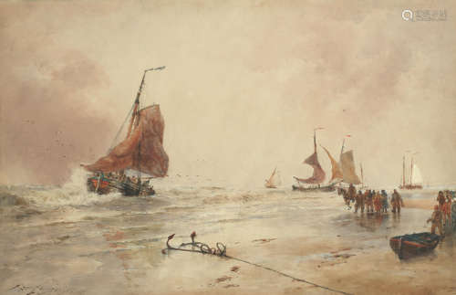 'Beaching a Pinck, Scheveningen' Thomas Bush Hardy(British, 1842-1897)