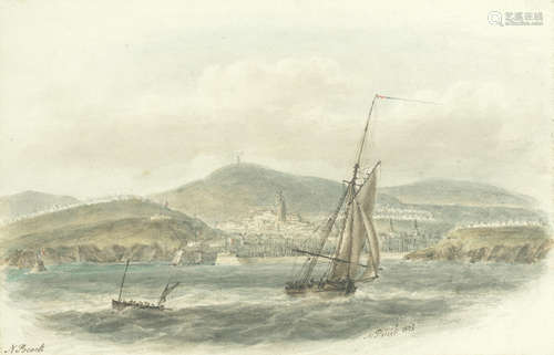 Boulogne Harbour, Napoleon's army to invade England encamped in the hills behind Nicholas Pocock(British, 1740-1821)