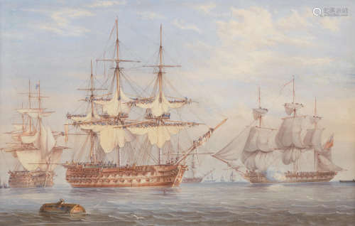 A two-decker furling its sails upon arrival into port with a frigate firing a salute to signal its departure John Cantiloe Joy(British, 1806-1866)