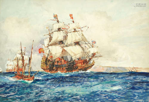 Galleons off a coast Charles Edward Dixon(British, 1872-1934)