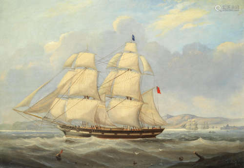 A British merchant brig in coastal waters John Scott(British, 1802-1885)