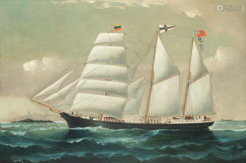 The British barquentine Ellen Lloyd under full sail, outward bound for Venezuela and passing the Skerries lighthouse William Howard Yorke(American, 1847-1921)