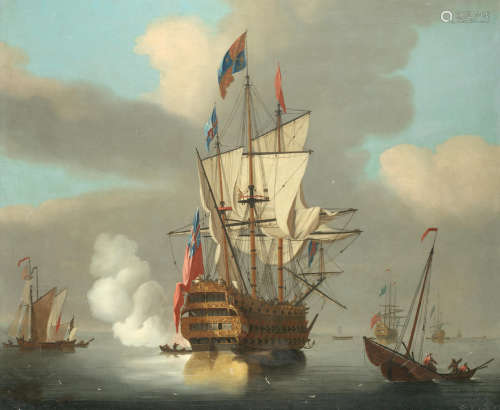 The flagship Royal Sovereign firing a salute to announce her departure from her anchorage Circle of Peter Monamy(London 1681-1749)