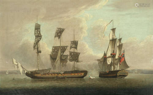 The capture of the French frigate Reunion by HMS Crescent, Captain J. Sumarez, 20th October 1793  Attributed to Robert Dodd(British, 1748-1816)