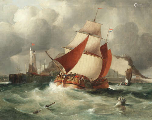 A Dutch barge leaving a harbour on the English coast George Chambers, Snr.(British, 1803-1840)