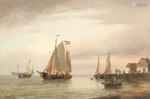 A calm evening off a Dutch coastal town Henry Redmore(British, 1820-1887)