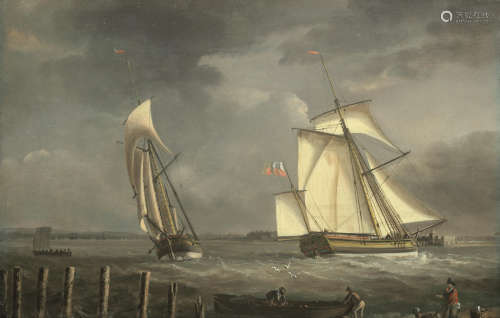 Two big cutters manoeuvring off the coast Thomas(Captain) Elliott (British, ?-1800)