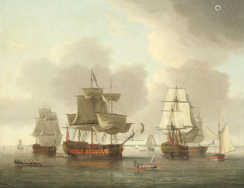 A Squadron of the Red just come to anchor at Spithead, with the commanding admiral heading ashore in his barge and some visiting ladies about to board the flagship Dominic Serres(British, 1722-1793)