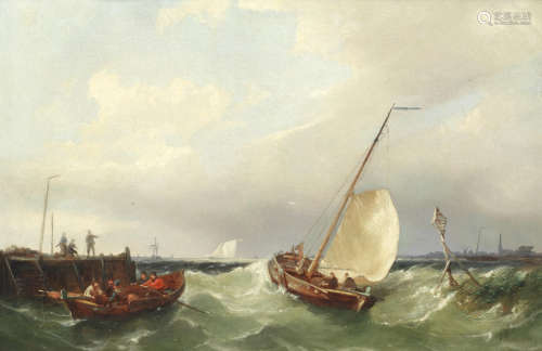 Pulling in the nets; Coastal craft, a pair (2) Pieter Cornelis Dommersen(Dutch, 1833-1918)