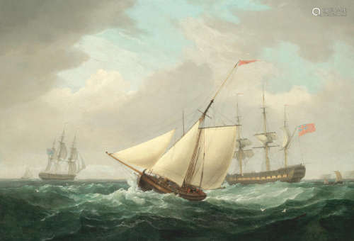 A cutter under way with British naval frigates off the coast of Dover Thomas Whitcombe(British, circa 1752-1824)