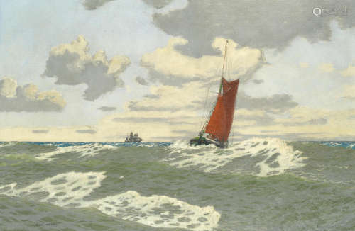 Sailing in open waters with a barque on the horizon Charles Pears, RSMA(British, 1873-1958)