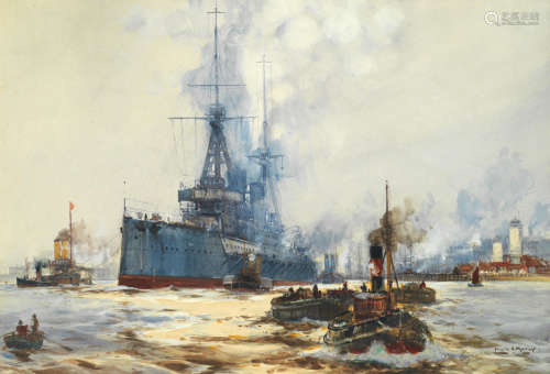 A British battleship being towed out of harbour Frank Henry Mason(British, 1875-1965)