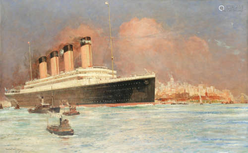 RMS Olympic off New York Charles Edward Dixon(British, 1872-1934)