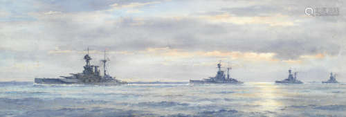 HMS Queen Elizabeth, Revenge, Ramillies and Royal Oak of the Atlantic Fleet  Frank Watson Wood(British, 1862-1953)