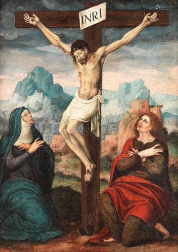 School of Valencia16th Century The Crucifixion with the Virgin Mary and Saint John the Evangelist