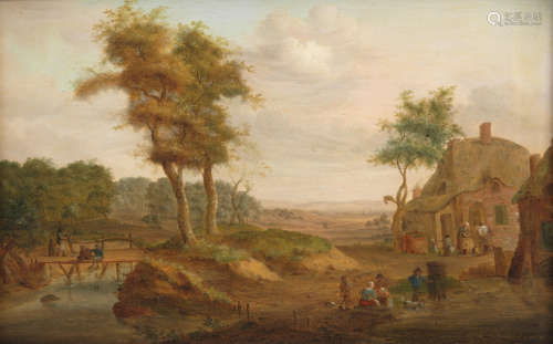P. J. Huysmans(active Antwerp and Brussels circa 1780-1800) Peasants in a landscape, before a river