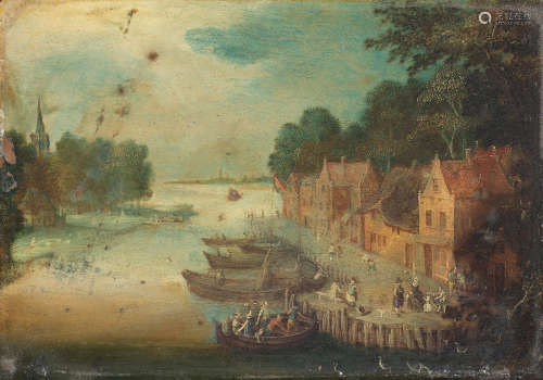 Circle of Joseph van Bredael(Antwerp 1688-1739 Paris) A riverside village with figures in a ferry