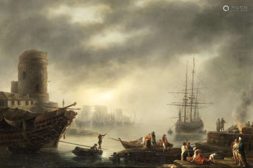 After Claude Joseph Vernetlate 18th Century A Mediterranean port at sunset with fishermen unloading their catch,