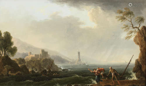 Attributed to Francesco Fidanza(Rome 1747-1819 Milan) A rocky coastal landscape with figures fleeing from stormy waters