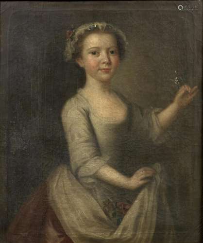 Circle of Joseph Highmore(London 1692-1780 Canterbury) Portrait of a girl, traditionally said to be a member of the Haddock family, three-quarter-length, in a white dress, holding a flower