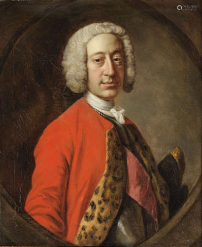 Circle of Allan Ramsay(Edinburgh 1713-1784 Dover) Portrait of an army officer, half-length, in a red coat, within a painted oval