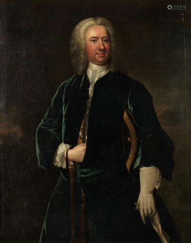 Circle of Thomas Hudson(Devon 1701-1779 Twickenham) Portrait of Henry Pye (1683-1749), standing three-quarter-length, in a blue coat and a tricorn hat under his arm