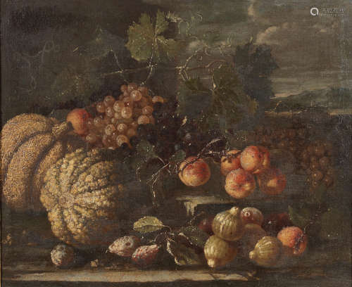 Circle of Pietro Navarra(active Rome, 17th and 18th Centuries) Melons, figs, grapes and peaches in a landscape; and A watermelon with a glass bowl filled with fruit beside peaches, figs, pears and other fruit  (2)