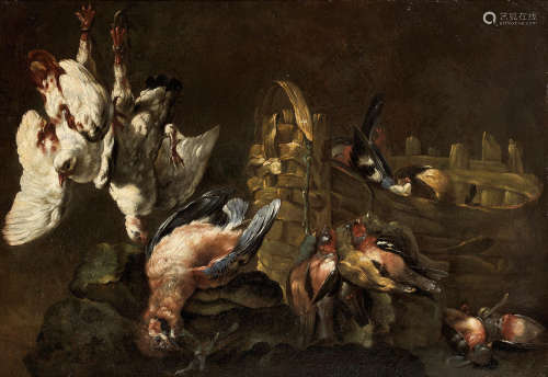 Circle of Simone del Tintore(Lucca 1630-1708) Dead doves hanging above a dead jay with a basket of dead finches