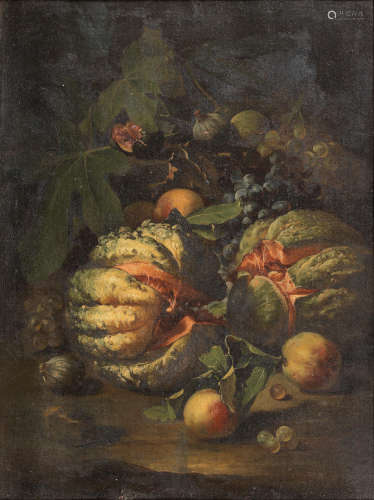 Circle of Michelangelo Pace called del Campidoglio(Vitorchiano 1610-1670 Rome) Melons with figs, grapes and apples in a landscape