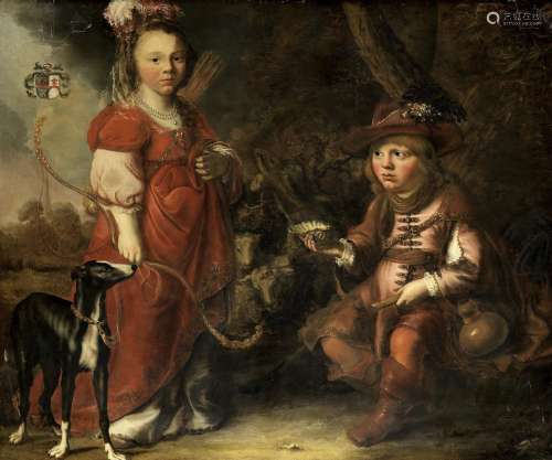 Douwe Juwes de Douwe(Leeuwarden 1608-circa 1661) Portrait of a boy and girl as Granida and Daifilo, in a landscape