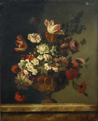 Attributed to Jean-Baptiste Belin de Fontenay(Caen 1653-1715 Paris) Lilies, chrysanthemums, roses and other flowers in a bronze urn on a marble ledge
