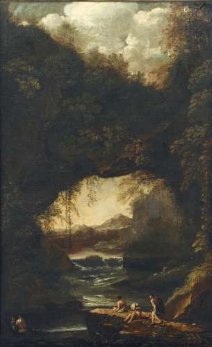 Circle of Salvator Rosa(Arenella 1615-1673 Rome) A rocky river landscape with bathers in the foreground
