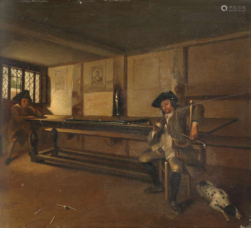Circle of Jacobus Buys(Amsterdam 1724-1801) Huntsmen smoking in an interior with a dog