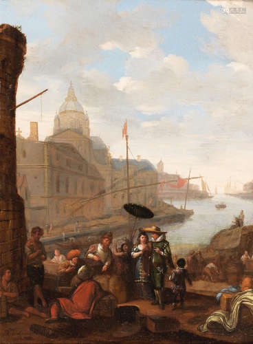 Richard Brackenburg(Haarlem 1650-1702) A Mediterranean port with merchants on the quayside; and A Mediterranean port with elegant figures  (2)