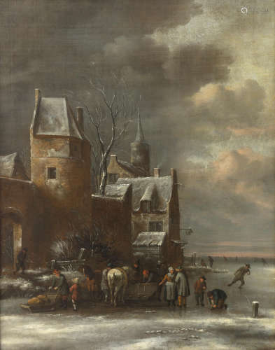 Klaes Molenaer(Haarlem circa 1630-1676) A winter landscape with figures on a frozen waterway