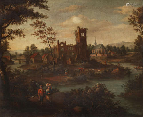 Abraham de Ryp(Amsterdam 1644-circa 1720) Figures beside a river with a church beyond