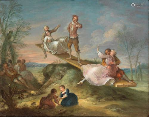François Octavien(Rome 1695-1736 Paris) Elegant figures on a seesaw; and An elegant company dancing in a wooded landscape  (2)