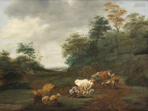 Follower of Nicolaes Berchem(Haarlem 1620-1683 Amsterdam) A shepherdess with her flock in an Italianate landscape