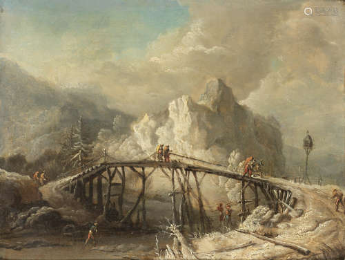 Circle of Johann Christian Vollerdt(Leipzig 1708-1769 Dresden) A winter landscape with travellers crossing a bridge