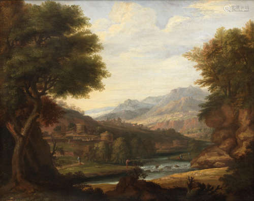 Attributed to Jan Joost van Cossiau(Breda circa 1660-circa 1732 Mayence) An extensive classical Italianate landscape with figures by a river, a town beyond