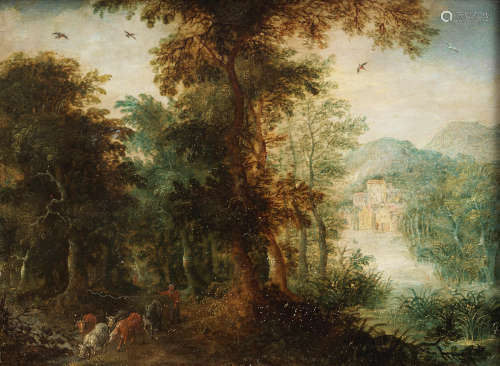 Circle of Jan Brueghel the Elder(Brussels 1568-1625 Antwerp) A wooded river landscape with a drover and his cattle on a path