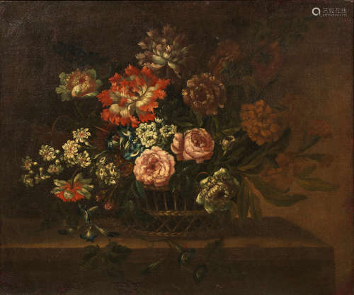Circle of Pieter Casteels III(Antwerp 1684-1749 Richmond) Poppies, chrysanthemums, roses and other flowers in a basket on a stone ledge