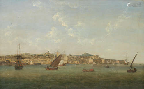 Circle of Samuel Scott(London 1702-1772 Bath) A view of a coastal city with shipping in the foreground