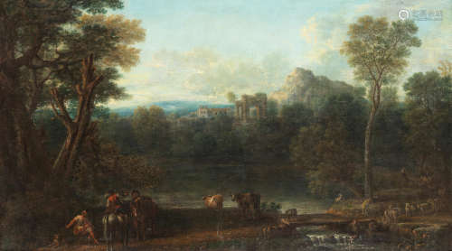 John Wootton(Snitterfield 1682-1764 London) Drovers resting in an Italianate landscape