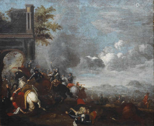 Neapolitan Schoollate 17th Century A cavalry skirmish before a ruined arch; and A cavalry skirmish before ruins  (2)