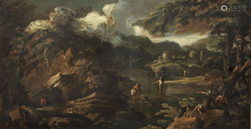 Attributed to Giuseppe Romani(active Como, early 18th Century) An extensive rocky river landscape with soldiers resting in the foreground