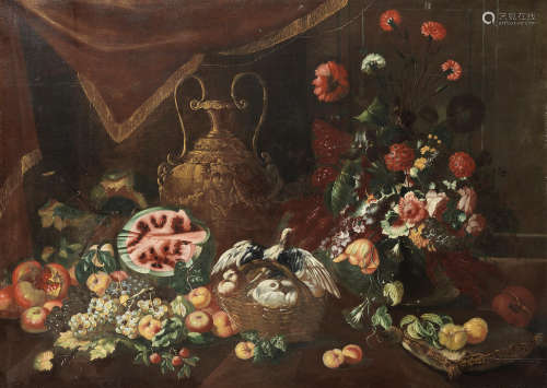Follower of Michelangelo Pace called del Campidoglio(Vitorchiano 1610-1670 Rome) A bronze urn with flowers, fruit and basket of birds on a table-top unframed