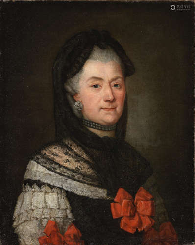 German School18th Century Portrait of a lady, traditionally said to be of the Hönigswald family, bust-length, in black and white lace costume with red bows